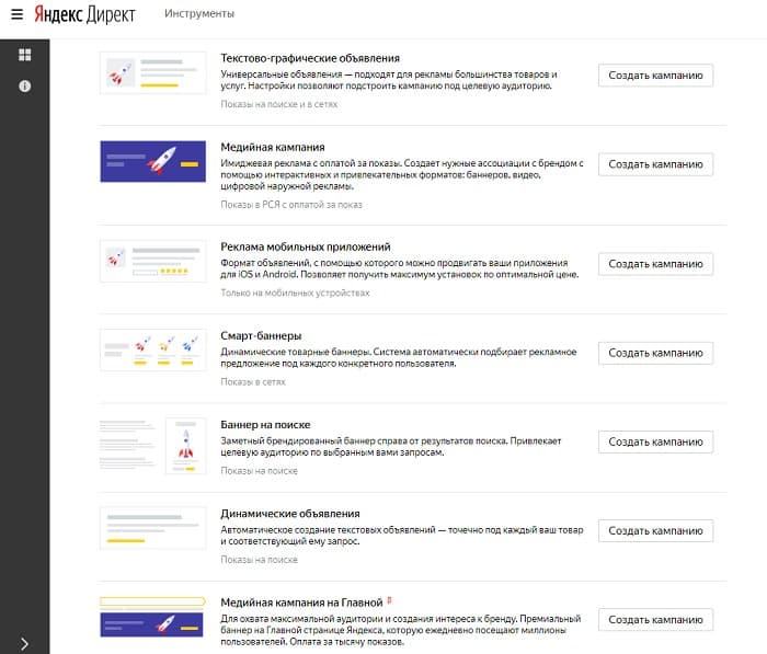 типы рекламных кампаний Яндекс Директ